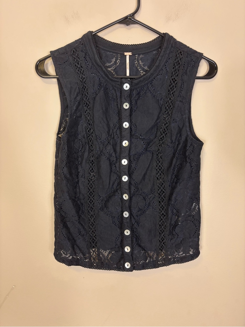 Free People Black Semi Sheer Lace Button Front Tank Top Medium